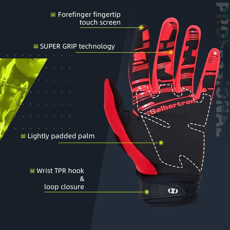 Seibertron Youth Unisex MX ATV MTB Racing Gloves - Full Finger Touchscreen Glove for Bicycle Cycling Mountain Biking Motorcycle and Motocross Red XL - Image 4